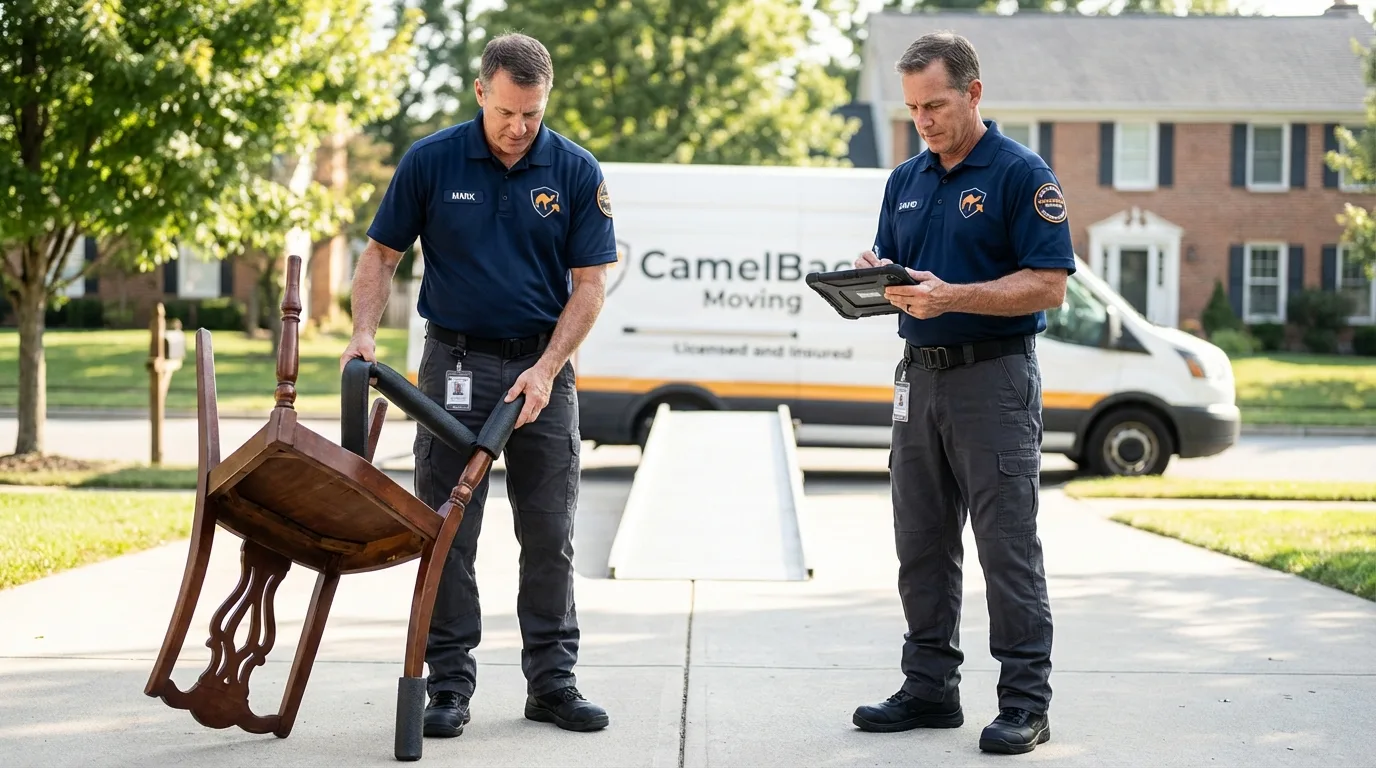 Movers inspecting furniture for damage prevention before loading in Cannelton, IN